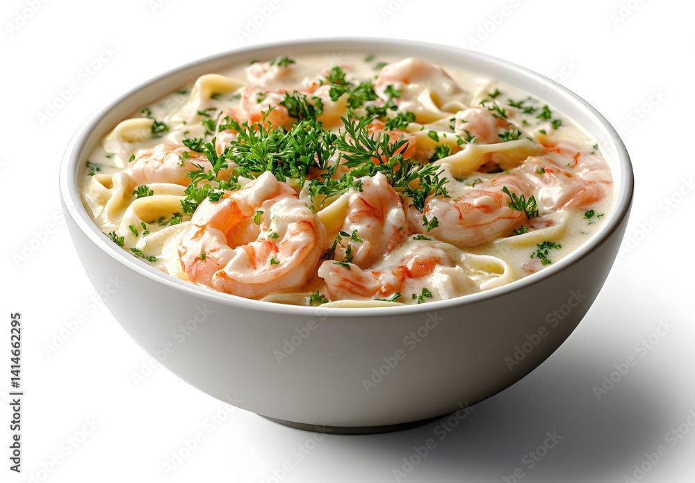 Fettuccine with Shrimp in a creamy sauce isolated on white background Fettuccine with Shrimp in a creamy sauce isolated on white background