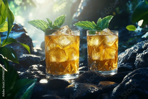 Refreshing golden drinks in a jungle setting