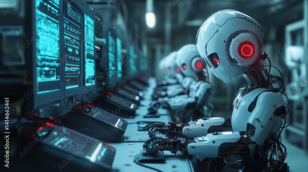 Robots working on computers in a server room. Robots working on computers in a server room.