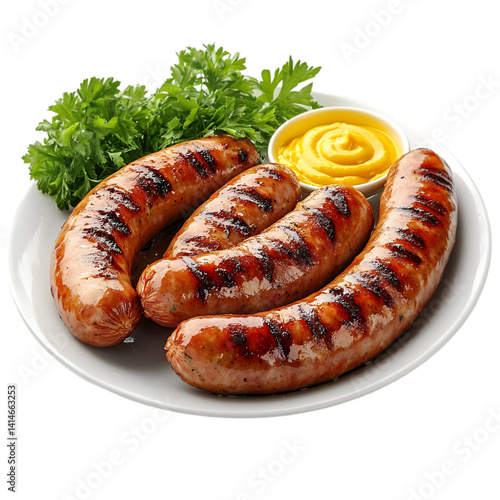 Grilled sausages with mustard and parsley appetizing food platter