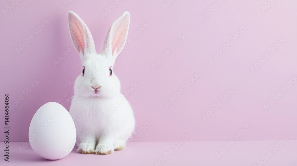 A high quality image of cute bunny with an Easter egg placed on the left edge, on a lavender pastel surface, bright and cheerful Easter theme A high quality image of cute bunny with an Easter egg placed on the left edge, on a lavender pastel surface, bright and cheerful Easter theme