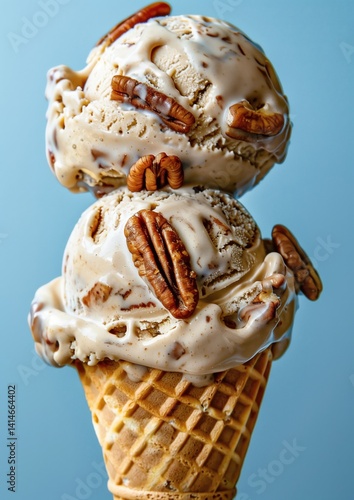 Creamy pecan ice cream in waffle cone on blue background