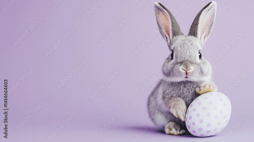Obraz premium A high quality image of cute bunny with an Easter egg placed on the left edge, on a lavender pastel surface, bright and cheerful Easter theme