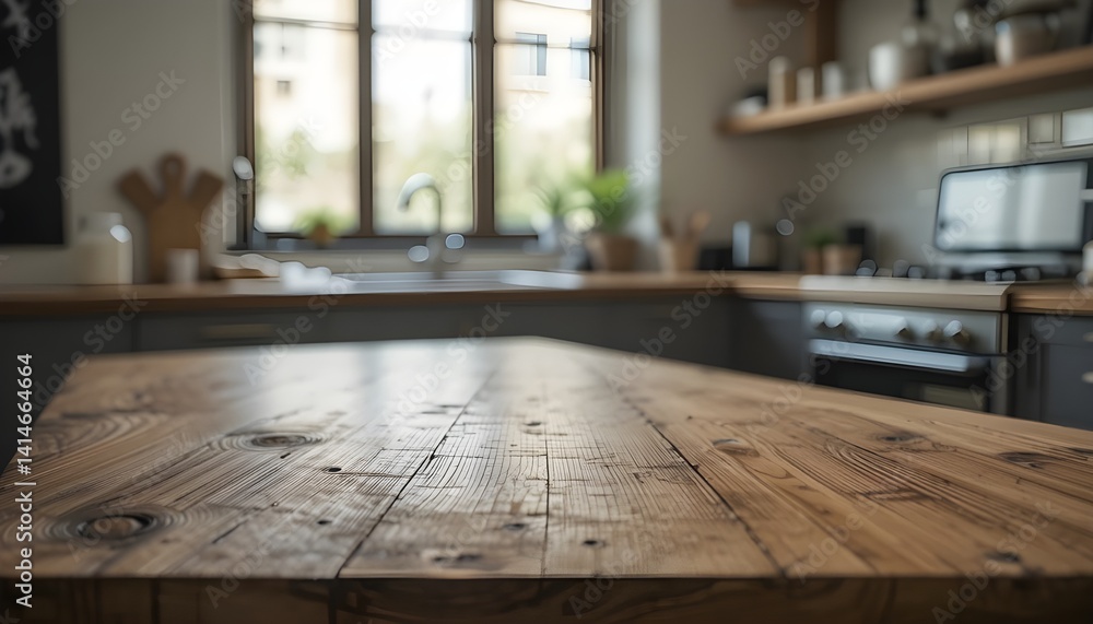 Empty Wooden Tabletop with Blurred Window Sill and Kitchen Shelf Background for Display and Product Presentation Empty Wooden Tabletop with Blurred Window Sill and Kitchen Shelf Background for Display and Product Presentation