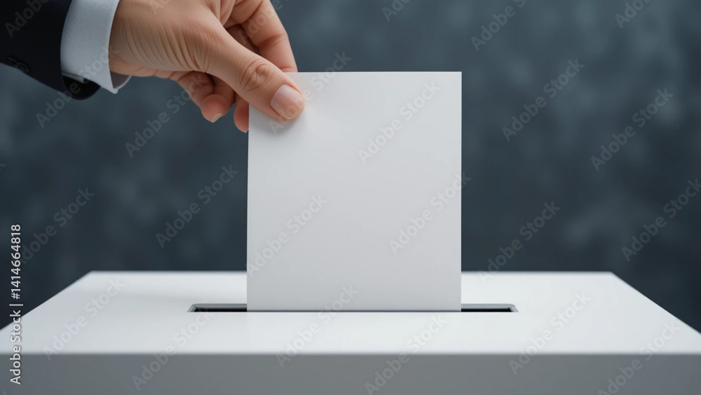 A close-up image of a hand inserting a blank ballot into a white voting box. A close-up image of a hand inserting a blank ballot into a white voting box.