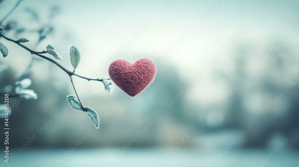 Fototapeta premium Red Knit Heart on a Frosted Winter Branch