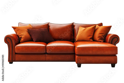 Luxurious burnt orange leather sectional sofa perfect for relaxing evenings boasts elegant rolled arms and decorative nailhead trim on transparent background