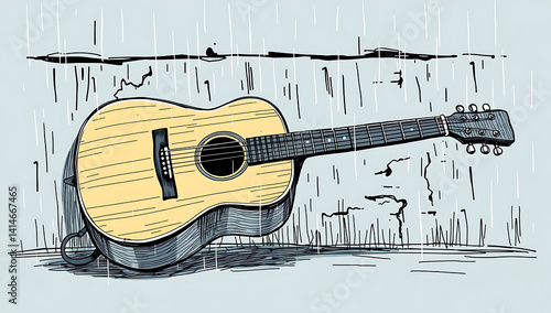 Modern flat design, tight close-up shot of an electric guitar with a natural wood finish against a rustic wall.  Detailed focus, simple two-dimensional shapes emphasize the guitar's design.