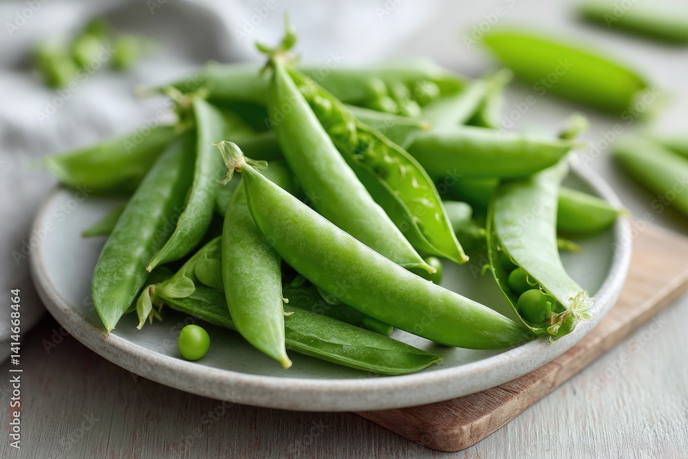 Fresh green peas arranged on plate, showcasing vibrant color and Fresh green peas arranged on plate, showcasing vibrant color and