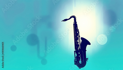 Digital sketch, brass saxophone silhouetted against rustic wall, strong hard light, vibrant complementary blues greens purples, dynamic motion, loose painterly strokes, misty atmosphere, blurred lines