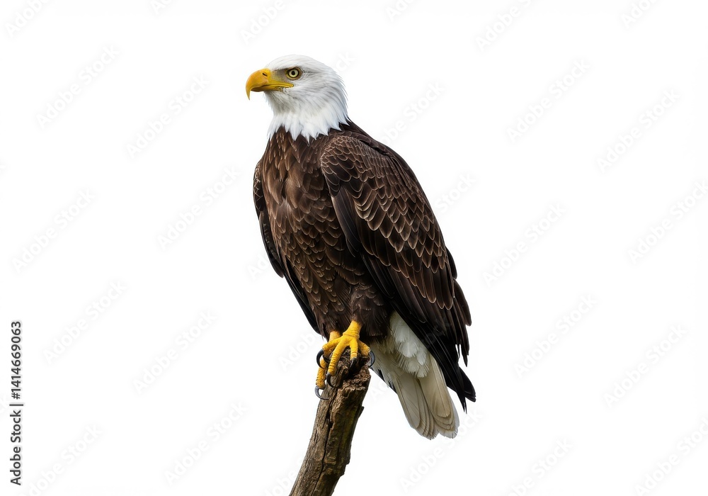 Obraz premium A bald eagle perched on a branch against a white background looking to the left of the frame