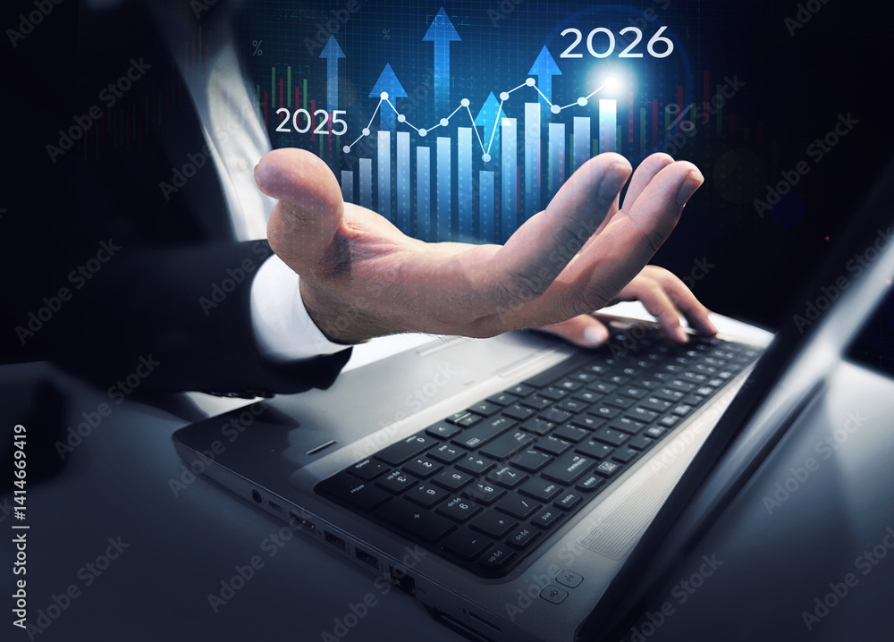 Growth from Year 2025 to 2026 business backdrop with glowing shapes floating over the hand. Business, futuristic, 2026, strategy, success, trade, stock market, success, investment Growth from Year 2025 to 2026 business backdrop with glowing shapes floating over the hand. Business, futuristic, 2026, strategy, success, trade, stock market, success, investment