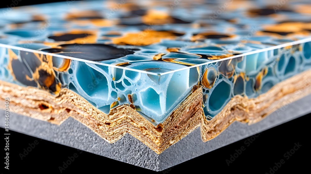 Fototapeta premium Cross section of Teal and Gold Resin Composite Material with Layered Structure
