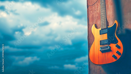 Intense dramatic weather, blurred bokeh effect. A natural wood electric guitar with metal hardware leans against a rustic wall. Sharp subject focus, soft background. Stormy skies create high tension. 