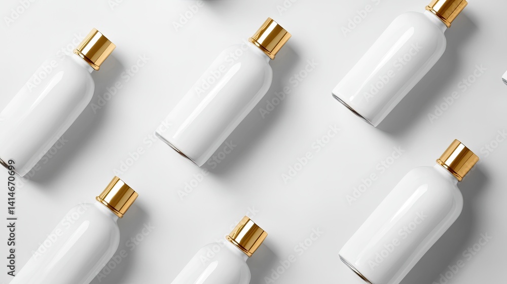 White Bottles for Gold Caps, Clean Design, Flat Lay. White Bottles for Gold Caps, Clean Design, Flat Lay.