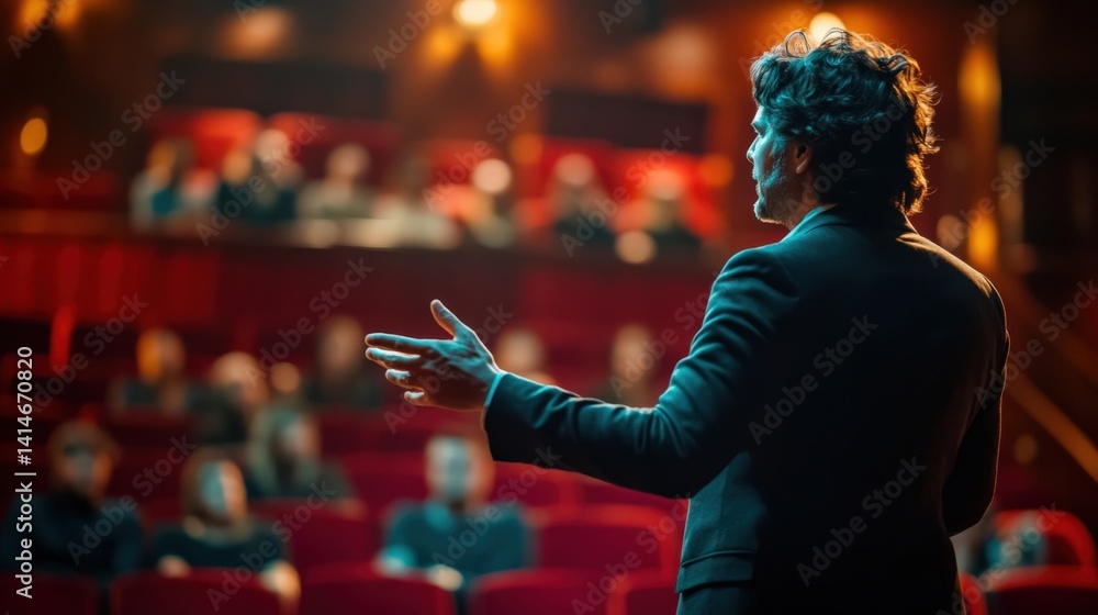 Fototapeta premium Confident Speaker Engaging Audiences in a Theatrical Setting