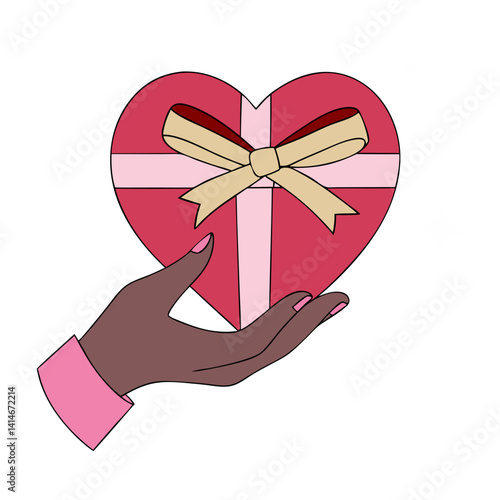 A tender hand offers a heart-shaped gift, a symbol of love and affection, delicately wrapped in pink and beige with a charming bow; simple line art.