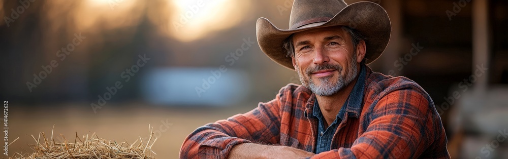 Smiling Farmer Sitting on Hay in a Barn with a Relaxed Pose Smiling Farmer Sitting on Hay in a Barn with a Relaxed Pose