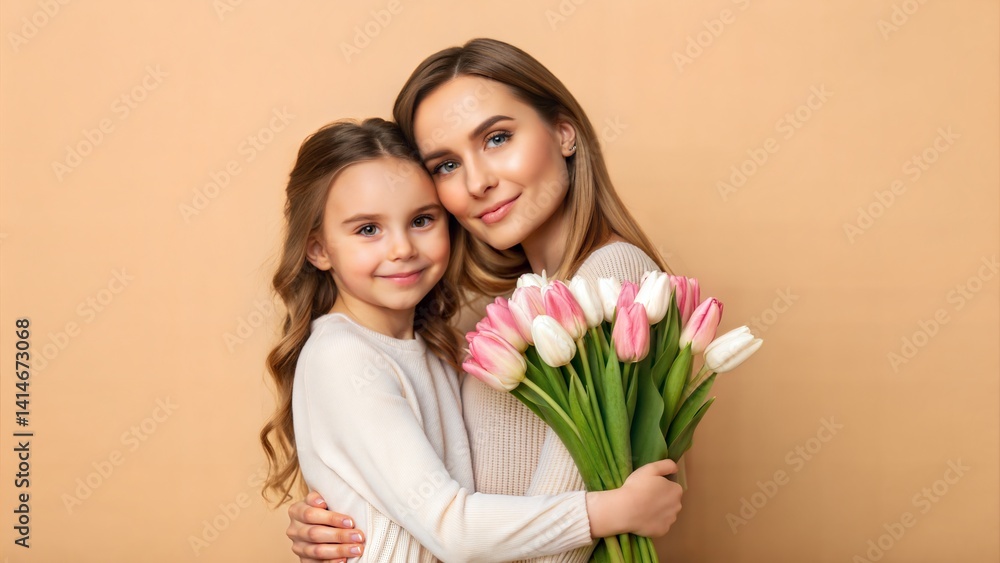 Little girl hugging her mother with tulips on beige background. (Mothers Day) Little girl hugging her mother with tulips on beige background. (Mothers Day)