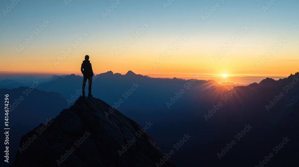 Fototapeta premium Silhouette of a person standing on a mountain peak at sunrise