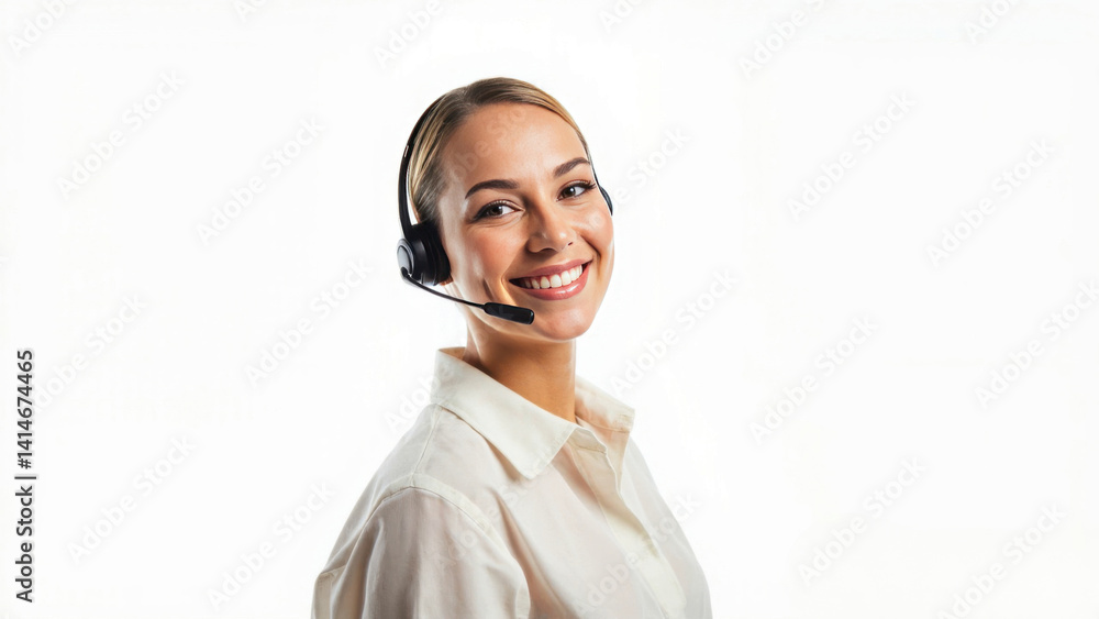Smiling young woman operator in headphones on white background. Call center worker Smiling young woman operator in headphones on white background. Call center worker