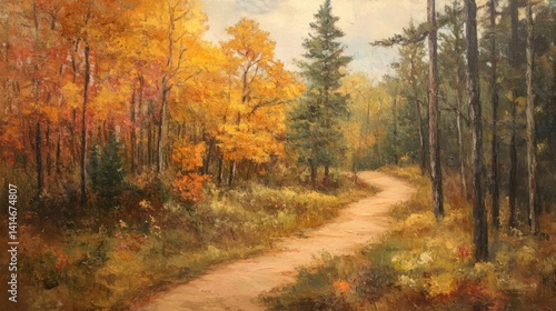 Autumnal Trail Serenity  A Winding Path Through a Forest Painted in Oils