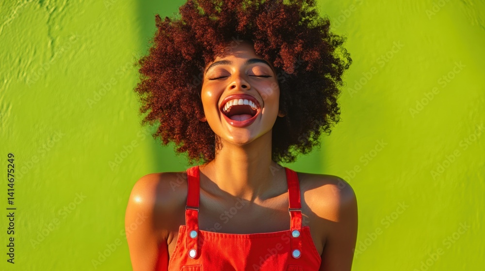 Joyful Young Woman Smiling Against Vibrant Green Background