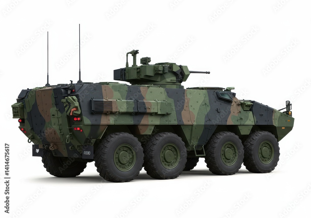 Rear view of a camouflage armored vehicle with eight wheels and turret on a white background Rear view of a camouflage armored vehicle with eight wheels and turret on a white background