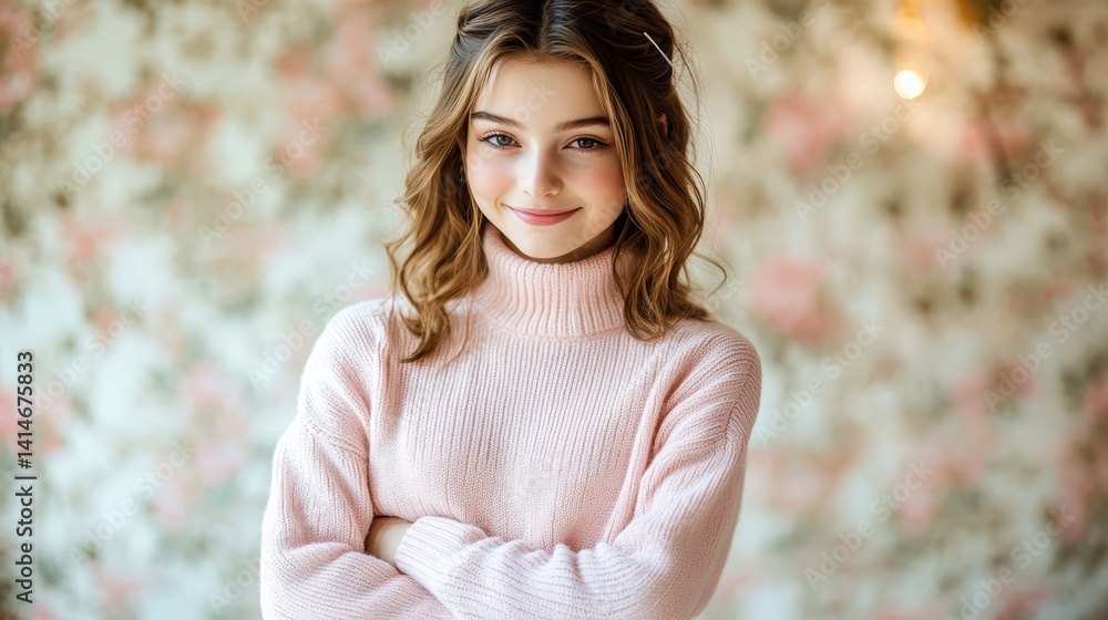 Smiling Young Girl in Cozy Sweater with Floral Background