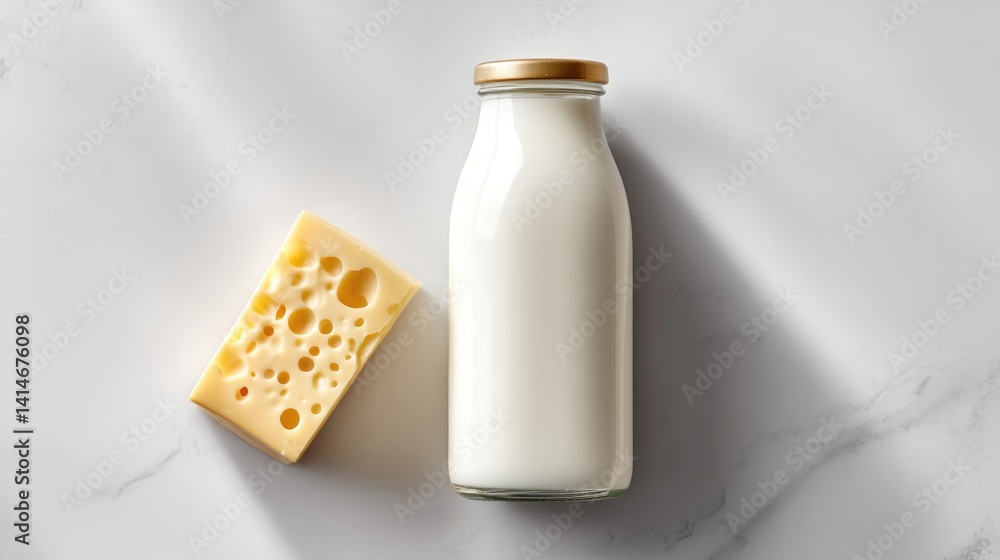 Fresh milk in glass bottle paired with slice of cheese on light Fresh milk in glass bottle paired with slice of cheese on light