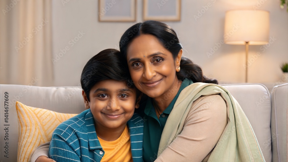 Indian mother hugging her smiling young son on a cozy couch. (Mothers Day) Indian mother hugging her smiling young son on a cozy couch. (Mothers Day)