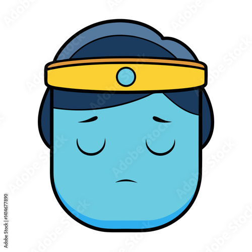 A serene blue-skinned royal figure, wearing a golden crown, conveying a peaceful, melancholic mood with simple bold outlines.