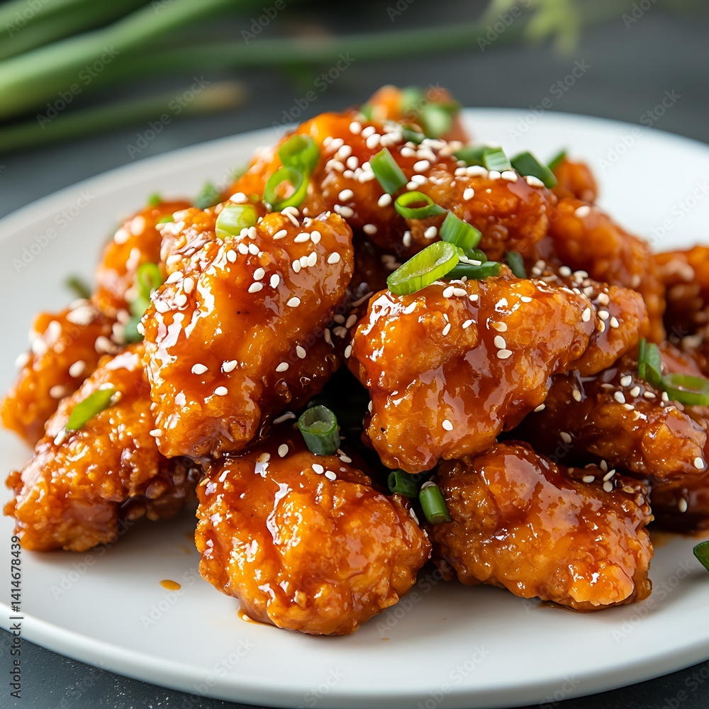 Pile of Orange Glazed Chicken Bites with Sesame Seeds and Green Scallions Closeup Pile of Orange Glazed Chicken Bites with Sesame Seeds and Green Scallions Closeup