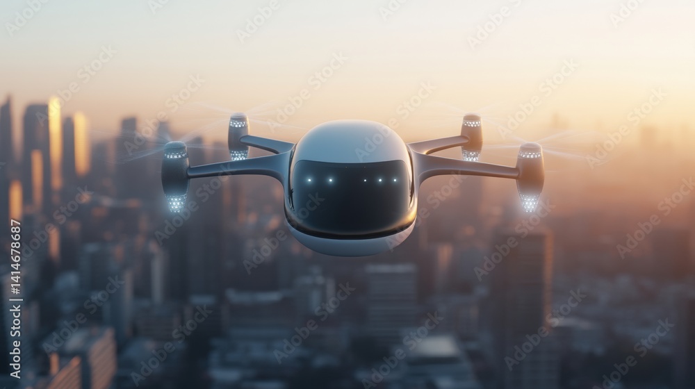 Futuristic VTOL aircraft hovers above bustling metropolitan cityscape showcasing revolutionary urban air mobility solution where advanced propulsion meets sleek design for tomorrow's transportation