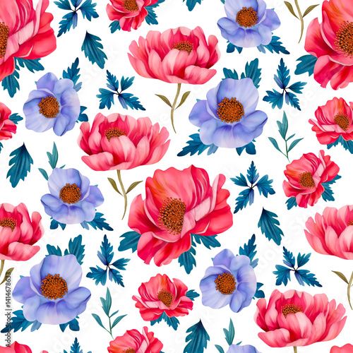 Seamless Flowers Pattern. Watercolor Floral Illustration on Transparent Background. PNG Digital File