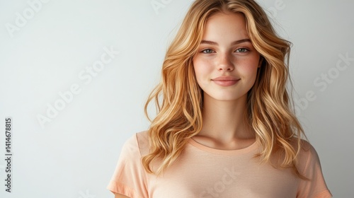Obraz na płótnie Cheerful Young Woman with Wavy Hair Against Neutral Background w salonie