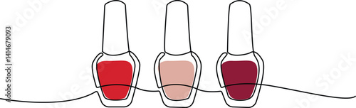 Beige pink and red nail polish vector one line continuous drawing illustration. Hand drawn linear silhouette icon. Minimal design, make up print, cosmetic banner, card, poster, brochure, beauty.