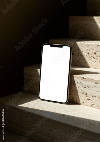 Blank screen smartphone mockup placed on textured stone stairs with natural lighting. Ideal for showcasing mobile interfaces, app previews, or advertising content.