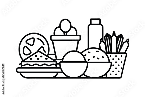 Food Line art Icons set, Food outline Art Illustration Clipart. set of food line art coloring page, vector art