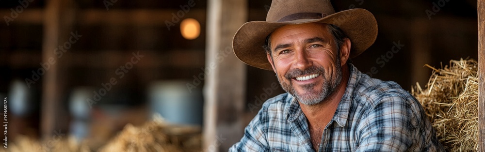 Smiling Middle-Aged Farmer Sitting on Hay in a Rustic Wooden Barn Smiling Middle-Aged Farmer Sitting on Hay in a Rustic Wooden Barn