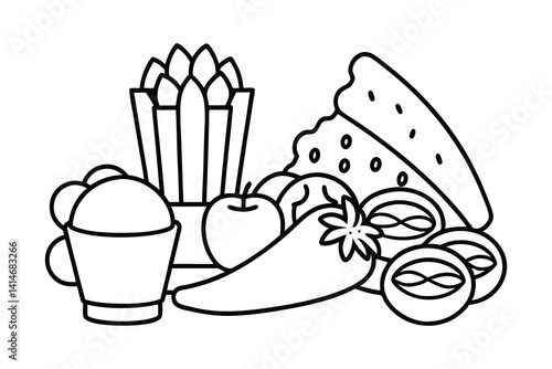 Food Line art Icons set, Food outline Art Illustration Clip art. set of food line art coloring page, vector art