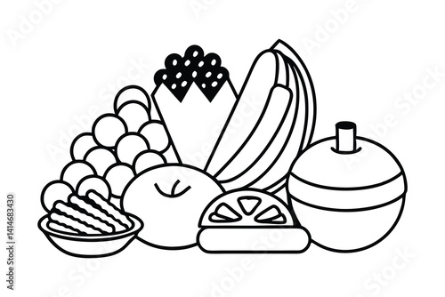 Food Line art Icons set, Food outline Art Illustration Clip art. set of food line art coloring page, vector art