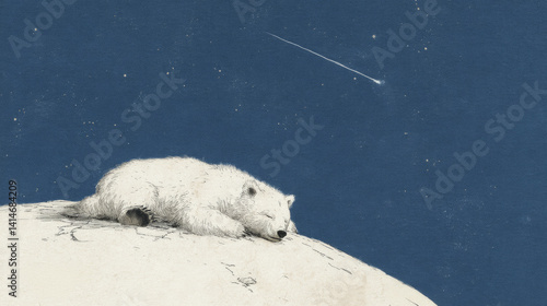 Polar Bear Sleeping Illustration: Dreamy Polar Bear Sleeping Under Night Sky in Woodblock Print Illustration Style with Moon, Stars, and Peaceful Atmosphere – Surreal Cute Animal Artwork