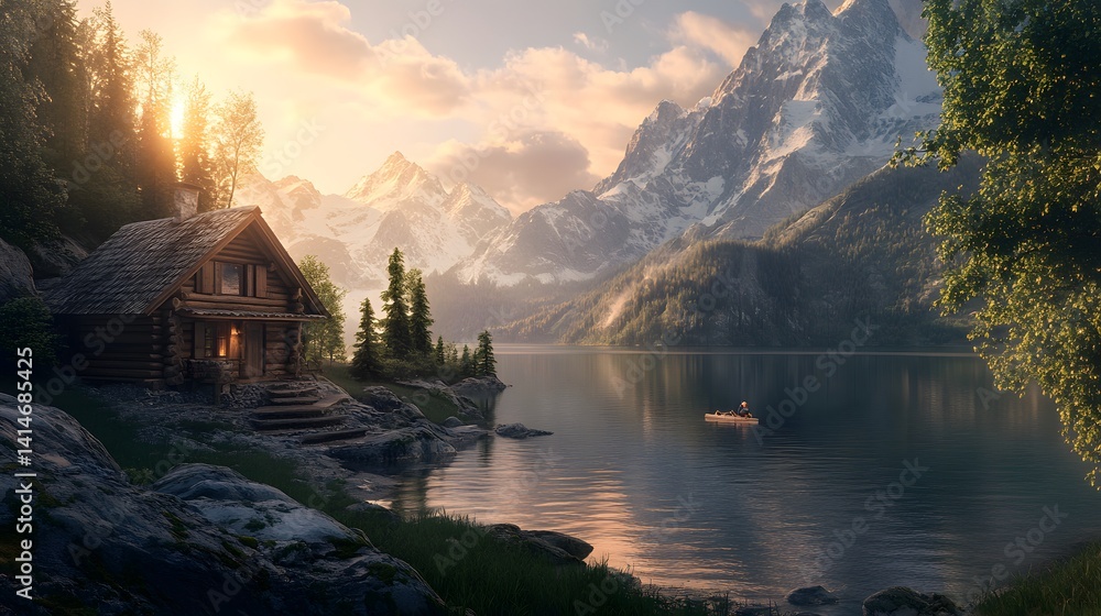 Fototapeta premium Serene Lakeside Cabin: A tranquil cabin sits nestled on the shore of a calm lake, framed by majestic mountains and a breathtaking sunset sky, creating a picturesque escape to peace and serenity.