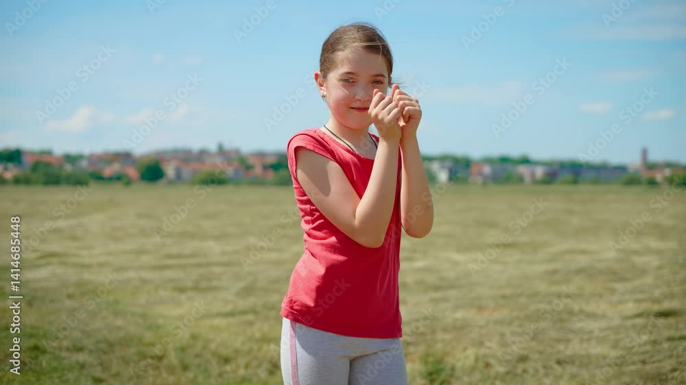 Cheerful cute teenage girl dancing in nature. Happy young female dancing joyfully outdoors. Bright teenage girl moving gracefully in open air Cheerful cute teenage girl dancing in nature. Happy young female dancing joyfully outdoors. Bright teenage girl moving gracefully in open air