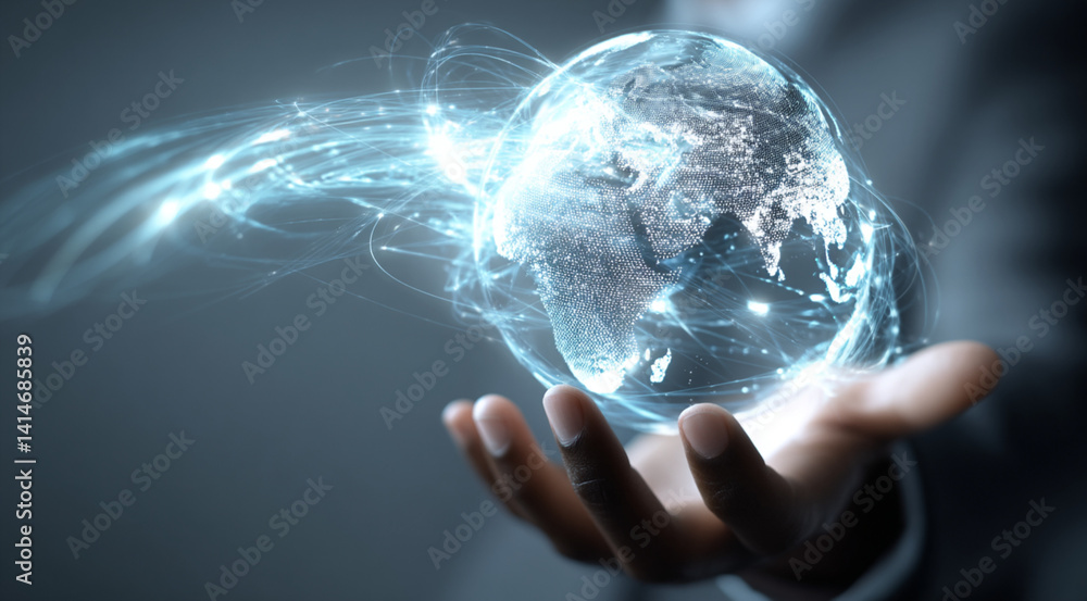 businessman’s hand Touching Futuristic glowing Global Network with copy space