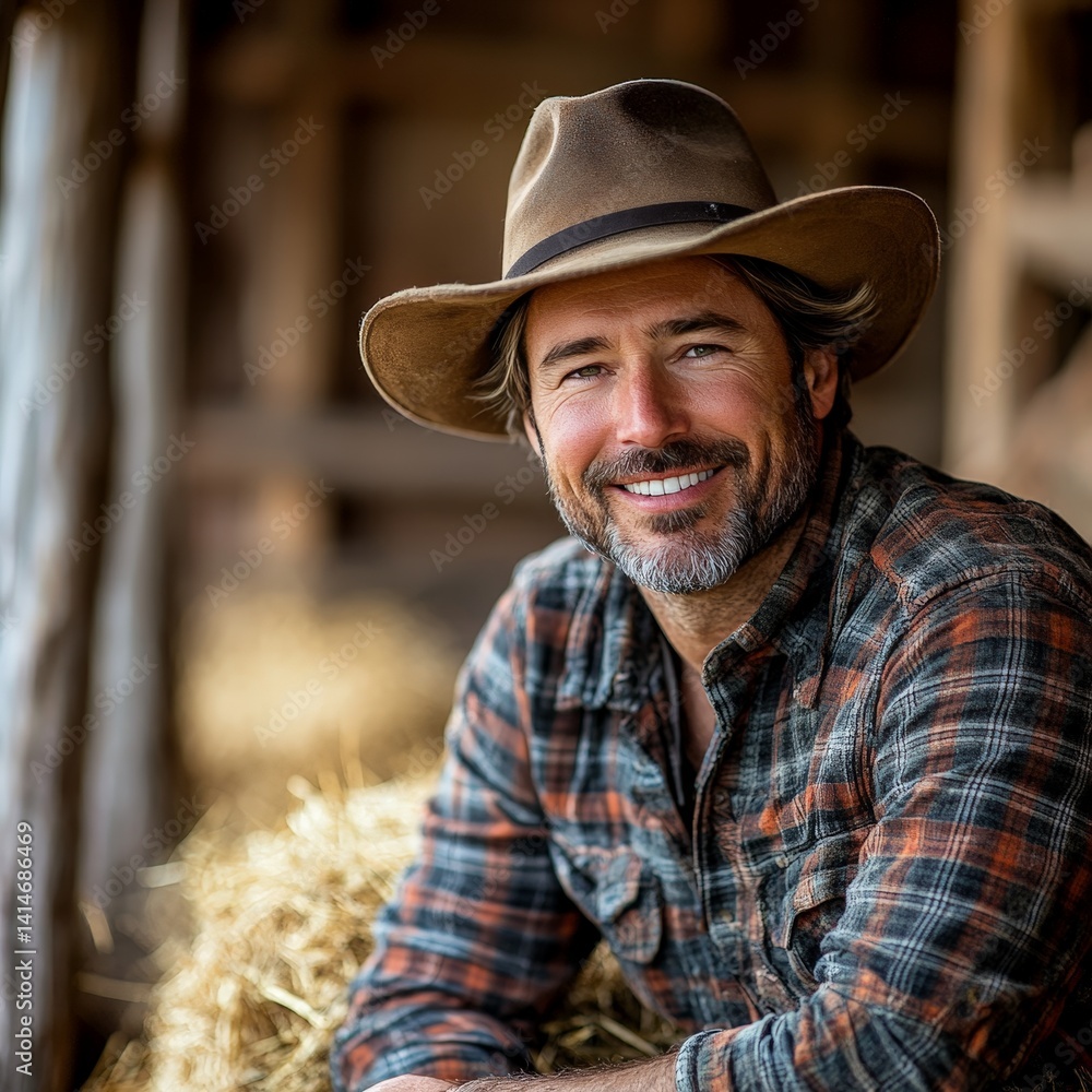 Smiling Middle-Aged Farmer Sitting on Hay in a Rustic Wooden Barn Smiling Middle-Aged Farmer Sitting on Hay in a Rustic Wooden Barn