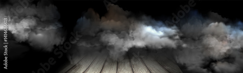 Horizontal Smoke spreading over wooden floor in dark room