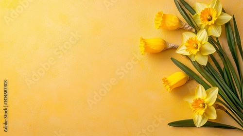 Vibrant Yellow Daffodil Flowers with Fresh Green Stems on Textured Yellow Background