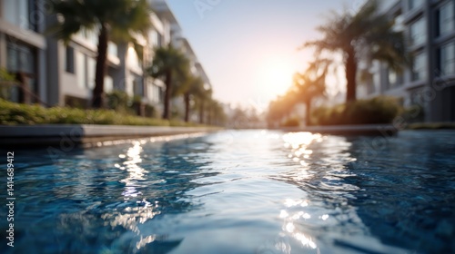 Swimming Pool Water Surface with Sun Reflection Near Palm Tree Landscape